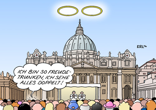 Cartoon: Heiligsprechung (medium) by Erl tagged heiligsprechung,papst,päpste,johannes,paul,franziskus,benedikt,messe,petersdom,vatikan,rom,freude,freudetrunken,betrunken,doppelt,sehen,heiligsprechung,papst,päpste,johannes,paul,franziskus,benedikt,messe,petersdom,vatikan,rom,freude,freudetrunken,betrunken,doppelt,sehen