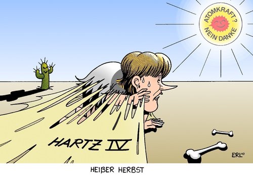 Cartoon: Heißer Herbst (medium) by Erl tagged merkel,kanzlerin,bundeskanzlerin,regierung,koalition,schwarz,gelb,cdu,csu,fdp,atomenergie,atomkraftwerk,laufzeit,verlängerung,hartz,vier,erhöhung,fünf,euro,opposition,grüne,spd,linke,gewrkschaften,widerstand,herbst,heiß,wüste,sonne,kaktus,knochen,angela merkel,kanzlerin,bundeskanzlerin,regierung,schwarz,cdu,csu,fdp,atomkraftwerk,verlängerung,laufzeit,atomenergie,hartz,erhöhung,atomkraft,angela,merkel