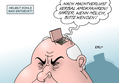 Cartoon: Helmut Kohl (medium) by Erl tagged altbundeskanzler,kohl,helmut,abrechnung,machtverlust,spendenaffäre,widersacher,weggefährten,verräter,tonbandaudnahmen,biografie,nobelpreis,medizinnobelpreis,medizin,gehirn,orientierungssinn,navi,navigationsgerät,helmut,kohl,nobelpreis