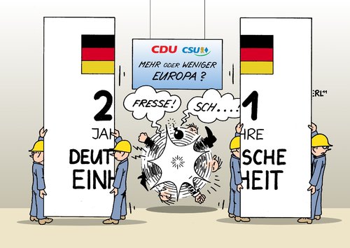 Cartoon: Hinter den Kulissen (medium) by Erl tagged tag,der,deutschen,einheit,feiern,feierlichkeiten,fest,festakt,feiertag,kulisse,cdu,csu,union,streit,richtungsstreit,richtung,europa,mehr,weniger,euro,rettungsschirm,abstimmung,pofalla,bosbach,tag der deutschen einheit,ddr,tag,der,deutschen,einheit