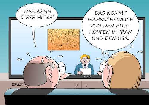 Cartoon: Hitze (medium) by Erl tagged politik,nachrichten,wetter,hitze,schwitzen,hitzkopf,hitzköpfe,irankonflikt,usa,iran,präsident,donald,trump,sicherheitsberater,bolton,außenminister,pompeo,chamenei,rohani,drohungen,säbelrasseln,gefahr,krieg,militärschlag,karikatur,erl,politik,nachrichten,wetter,hitze,schwitzen,hitzkopf,hitzköpfe,irankonflikt,usa,iran,präsident,donald,trump,sicherheitsberater,bolton,außenminister,pompeo,chamenei,rohani,drohungen,säbelrasseln,gefahr,krieg,militärschlag,karikatur,erl