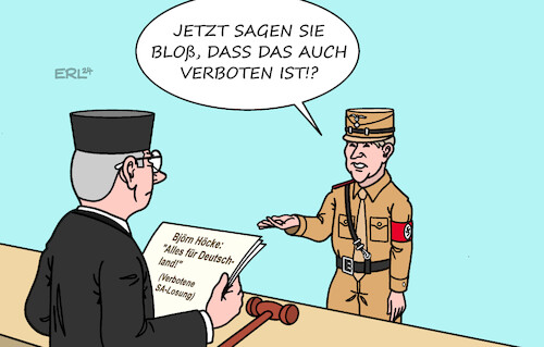 Cartoon: Höcke vor Gericht (medium) by Erl tagged politik,thüringen,vorsitz,afd,björn,höcke,rechtsextremist,faschist,verschiebung,grenze,des,sagbaren,sa,losung,alles,für,deutschland,anklage,prozess,gericht,ahnungslosigkeit,geschichtslehrer,uniform,richter,karikatur,erl,politik,thüringen,vorsitz,afd,björn,höcke,rechtsextremist,faschist,verschiebung,grenze,des,sagbaren,sa,losung,alles,für,deutschland,anklage,prozess,gericht,ahnungslosigkeit,geschichtslehrer,uniform,richter,karikatur,erl