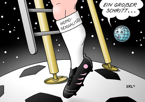 Cartoon: Homosexualität Fußball (medium) by Erl tagged homosexualität,fußball,coming,out,thomas,hitzlsperger,bundesliga,premier,league,homophobie,schwul,homosexuell,wagnis,risiko,mondlandung,schrit,groß,mutig,welt,erde,welltall,fußballschuh,karikatur,erl,homosexualität,fußball,coming,out,thomas,hitzlsperger,bundesliga,premier,league,homophobie,schwul,homosexuell,wagnis,risiko,mondlandung,schrit,groß,mutig,welt,erde,welltall,fußballschuh