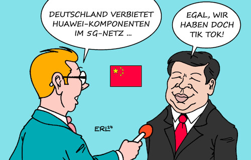 Cartoon: Huawei (medium) by Erl tagged politik,kommunikation,telekommunikation,mobilfunk,5g,mobilfunkstandard,netz,mobilfunknetz,deutschland,bundesregierung,ampel,verbot,komponenten,huawei,china,gefahr,spionage,social,media,soziales,netzwerk,tiktok,kinder,jugendliche,daten,xi,jinping,karikatur,erl,politik,kommunikation,telekommunikation,mobilfunk,5g,mobilfunkstandard,netz,mobilfunknetz,deutschland,bundesregierung,ampel,verbot,komponenten,huawei,china,gefahr,spionage,social,media,soziales,netzwerk,tiktok,kinder,jugendliche,daten,xi,jinping,karikatur,erl