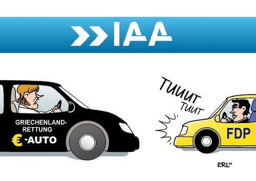 Cartoon: IAA (medium) by Erl tagged streit,gelb,schwarz,koalition,rösler,merkel,krise,schulden,euro,rettung,griechenland,fdp,cdu,auto,frankfurt,ausstellung,automobil,internationale,iaa,automobil,ausstellung,frankfurt,auto,cdu,griechenland,fdp,rettung,euro,schulden,rösler,koalition,merkel,schwarz,streit,gelb