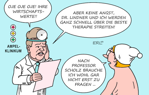 Cartoon: Im Ampelklinikum (medium) by Erl tagged politik,bundesregierung,ampel,wirtschaft,diagnose,streit,therapie,wirtschaftsminister,robert,habeck,grüne,finanzminister,christian,lindner,fdp,zurückhaltung,schweigen,bundeskanzler,olaf,scholz,arzt,professor,klinikum,gesundheit,michel,karikatur,erl,politik,bundesregierung,ampel,wirtschaft,diagnose,streit,therapie,wirtschaftsminister,robert,habeck,grüne,finanzminister,christian,lindner,fdp,zurückhaltung,schweigen,bundeskanzler,olaf,scholz,arzt,professor,klinikum,gesundheit,michel,karikatur,erl