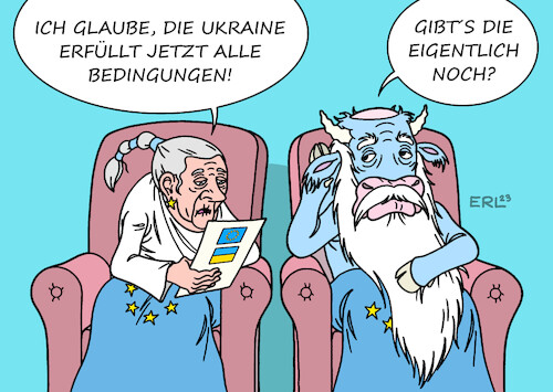 Cartoon: Im Jahre 2053 (medium) by Erl tagged politik,krieg,angriff,überfall,russland,ukraine,hoffnung,mitgliedschaft,eu,treffen,erwartungen,beitritt,schnell,realität,langwierig,prüfung,bedingungen,demokratie,europa,stier,zukunft,alter,karikatur,erl,politik,krieg,angriff,überfall,russland,ukraine,hoffnung,mitgliedschaft,eu,treffen,erwartungen,beitritt,schnell,realität,langwierig,prüfung,bedingungen,demokratie,europa,stier,zukunft,alter,karikatur,erl