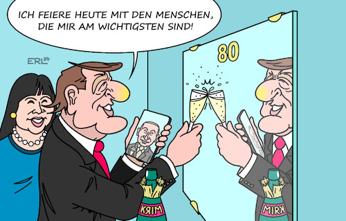 Cartoon: Im Kreise der Liebsten (medium) by Erl tagged politik,politiker,altbundeskanzler,bundeskanzler,gerhard,schröder,geburtstag,80,verhältnis,spd,zerrüttet,freundschaft,wladimir,putin,annexion,krim,krieg,angriff,überfall,russland,ukraine,posten,aufsichtsrat,gas,konzern,goldene,nase,sekt,spiegel,ego,ehefrau,frau,so,yeon,kim,karikatur,erl,politik,politiker,altbundeskanzler,bundeskanzler,gerhard,schröder,geburtstag,80,verhältnis,spd,zerrüttet,freundschaft,wladimir,putin,annexion,krim,krieg,angriff,überfall,russland,ukraine,posten,aufsichtsrat,gas,konzern,goldene,nase,sekt,spiegel,ego,ehefrau,frau,so,yeon,kim,karikatur,erl