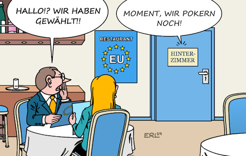 Cartoon: Immer noch Pokern (medium) by Erl tagged politik,eu,wahl,europawahl,europaparlament,neuvergabe,spitzenposten,außenbeauftragte,außenbeauftragter,ratspräsident,ratspräsidentin,kommissionspräsident,kommissionspräsidentin,ursula,von,der,leyen,posten,poker,hinterzimmer,restaurant,speisekarte,demokratie,karikatur,erl,politik,eu,wahl,europawahl,europaparlament,neuvergabe,spitzenposten,außenbeauftragte,außenbeauftragter,ratspräsident,ratspräsidentin,kommissionspräsident,kommissionspräsidentin,ursula,von,der,leyen,posten,poker,hinterzimmer,restaurant,speisekarte,demokratie,karikatur,erl