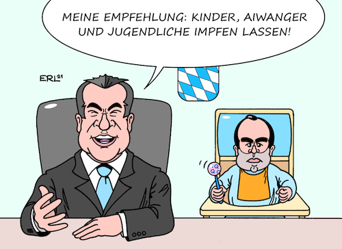 Cartoon: Impfen für Kinder (medium) by Erl tagged politik,corona,virus,pandemie,covid19,impfstoff,impfen,impfung,diskussion,empfehlung,kinder,jugendliche,delta,variante,mutation,streit,bayern,regierung,ministerpräsident,markus,söder,csu,wirtschaftsminister,impfverweigerer,hubert,aiwanger,freie,wähler,karikatur,erl,politik,corona,virus,pandemie,covid19,impfstoff,impfen,impfung,diskussion,empfehlung,kinder,jugendliche,delta,variante,mutation,streit,bayern,regierung,ministerpräsident,markus,söder,csu,wirtschaftsminister,impfverweigerer,hubert,aiwanger,freie,wähler,karikatur,erl