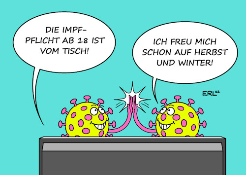 Cartoon: Impfpflicht ab 18 (medium) by Erl tagged politik,corona,virus,pandemie,covid19,verhinderung,welle,herbst,winter,bundestag,gesetz,impfpflicht,rückzug,gesetzesvorlage,ab,18,mehrheit,unwahrscheinlich,freude,viren,high,five,karikatur,erl,politik,corona,virus,pandemie,covid19,verhinderung,welle,herbst,winter,bundestag,gesetz,impfpflicht,rückzug,gesetzesvorlage,ab,18,mehrheit,unwahrscheinlich,freude,viren,high,five,karikatur,erl