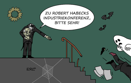 Cartoon: Industriekonferenz (medium) by Erl tagged politik,deutschland,wirtschaft,industrie,wirtschaftsminister,robert,habeck,grüne,industriekonferenz,keller,karikatur,erl,politik,deutschland,wirtschaft,industrie,wirtschaftsminister,robert,habeck,grüne,industriekonferenz,keller,karikatur,erl