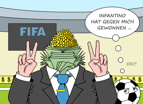 Cartoon: Infantino (medium) by Erl tagged politk,sport,fußball,fifa,weltverband,chef,wiederwahl,gianni,infantino,geld,geldgier,skrupellosigkeit,moral,karikatur,erl,politk,sport,fußball,fifa,weltverband,chef,wiederwahl,gianni,infantino,geld,geldgier,skrupellosigkeit,moral,karikatur,erl