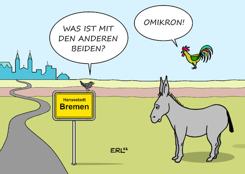 Cartoon: Inzidenz Bremen (medium) by Erl tagged politik,corona,virus,pandemie,covid19,fünfte,welle,omikron,variante,fallzahlen,neuinfektionen,rekord,infizierte,quarantäne,inzidenz,höchstwert,bremen,bremer,stadtmusikanten,ausfälle,hund,katze,esel,hahn,karikatur,erl,politik,corona,virus,pandemie,covid19,fünfte,welle,omikron,variante,fallzahlen,neuinfektionen,rekord,infizierte,quarantäne,inzidenz,höchstwert,bremen,bremer,stadtmusikanten,ausfälle,hund,katze,esel,hahn,karikatur,erl