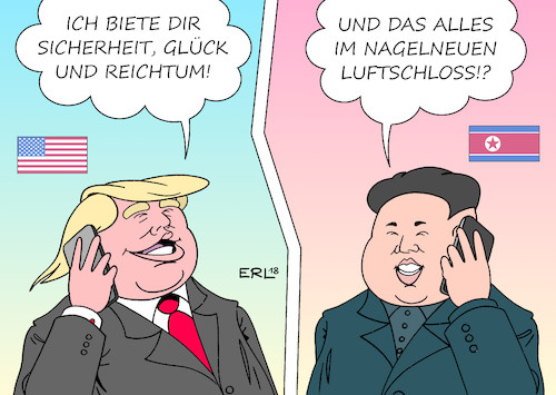 Cartoon: Iran lässt grüßen (medium) by Erl tagged politik,usa,präsident,donald,trump,nordkorea,diktator,kim,jong,un,abrüstung,atomwaffen,gegenleistung,versprechen,sicherheit,glück,reichtum,luftschloss,rückzieher,bedenken,skepsis,beispiel,iran,atomabkommen,aufkündigung,unberechenbarkeit,rechtspopulismus,nationalismus,karikatur,erl,politik,usa,präsident,donald,trump,nordkorea,diktator,kim,jong,un,abrüstung,atomwaffen,gegenleistung,versprechen,sicherheit,glück,reichtum,luftschloss,rückzieher,bedenken,skepsis,beispiel,iran,atomabkommen,aufkündigung,unberechenbarkeit,rechtspopulismus,nationalismus,karikatur,erl