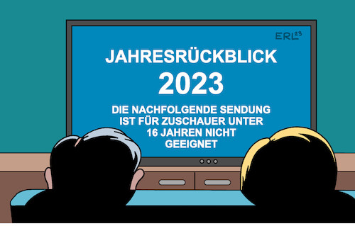 Cartoon: Jahresrückblick (medium) by Erl tagged politik,jahresende,silvester,neujahr,jahresrückblick,2023,jahr,krieg,ukraine,nahost,terror,gewalt,klima,klimawandel,erderwärmung,extremwetter,starkregen,hochwasser,hitze,dürre,fernsehen,jugendschutz,sendung,karikatur,erl,politik,jahresende,silvester,neujahr,jahresrückblick,2023,jahr,krieg,ukraine,nahost,terror,gewalt,klima,klimawandel,erderwärmung,extremwetter,starkregen,hochwasser,hitze,dürre,fernsehen,jugendschutz,sendung,karikatur,erl