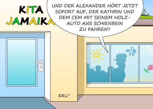 Cartoon: Jamaika (medium) by Erl tagged bundestagswahl,regierung,koalition,jamaika,schwarz,gelb,grün,cdu,csu,fdp,die,grünen,sondierung,position,gegensätze,streit,stagnation,verhandlung,bundeskanzlerin,angela,merkel,kompromiss,kompromissbereitschaft,kita,erzieherin,alexander,dobrindt,kathrin,göring,eckardt,cem,özdemir,karikatur,erl,bundestagswahl,regierung,koalition,jamaika,schwarz,gelb,grün,cdu,csu,fdp,die,grünen,sondierung,position,gegensätze,streit,stagnation,verhandlung,bundeskanzlerin,angela,merkel,kompromiss,kompromissbereitschaft,kita,erzieherin,alexander,dobrindt,kathrin,göring,eckardt,cem,özdemir,karikatur,erl