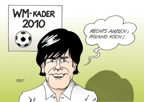 Cartoon: Jogi lässt die Bombe platzen (medium) by Erl tagged löw,joachim,jogi,fußball,bundestrainer,wm,kader,2010,aufstellung,nominierung,rechstaußen,roland,koch,rückzug,politik,betätigungsfeld,neu,joachim löw,jogi,fußball,bundestrainer,wm,kader,2010,aufstellung,nominierung,roland koch,rückzug,politik,joachim,löw,roland,koch