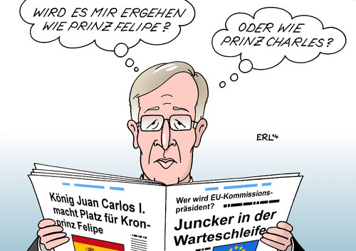 Cartoon: Juan Carlos Juncker (medium) by Erl tagged spanien,könig,juan,carlos,abdankung,nachfolge,nachfolger,kronprinz,felipe,eu,kommission,kommissionspräsident,kandidat,juncker,warteschleife,blockade,großbritannien,premier,cameron,queen,elizabeth,prinz,charles,spanien,könig,juan,carlos,abdankung,nachfolge,nachfolger,kronprinz,felipe,eu,kommission,kommissionspräsident,kandidat,juncker,warteschleife,blockade,großbritannien,premier,cameron,queen,elizabeth,prinz,charles