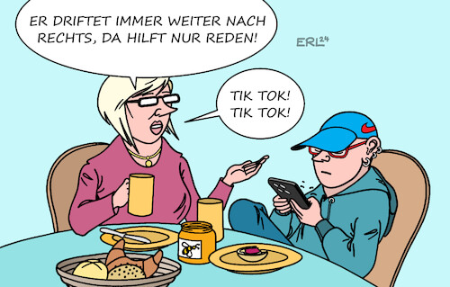 Cartoon: Jugendsprache (medium) by Erl tagged politik,gesellschaft,medien,internet,social,media,tik,tok,junge,menschen,meinung,beeinflussung,rechts,rechtsextremismus,afd,antisemitismus,handy,eltern,diskussion,reden,sprache,jugendsprache,karikatur,erl,politik,gesellschaft,medien,internet,social,media,tik,tok,junge,menschen,meinung,beeinflussung,rechts,rechtsextremismus,afd,antisemitismus,handy,eltern,diskussion,reden,sprache,jugendsprache,karikatur,erl