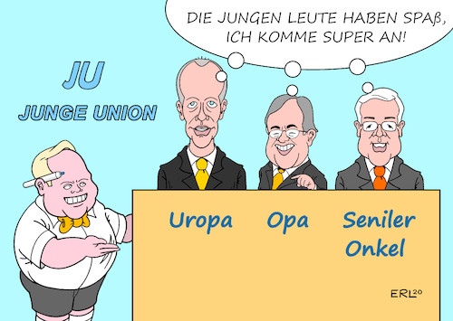 Cartoon: Junge Union (medium) by Erl tagged politik,cdu,suche,vorsitz,kandidaten,friedrich,merz,armin,laschet,norbert,röttgen,einladung,junge,union,pitch,vorstellung,langeweile,uropa,opa,onkel,senil,alter,jugend,tilman,kuban,karikatur,erl,politik,cdu,suche,vorsitz,kandidaten,friedrich,merz,armin,laschet,norbert,röttgen,einladung,junge,union,pitch,vorstellung,langeweile,uropa,opa,onkel,senil,alter,jugend,tilman,kuban,karikatur,erl