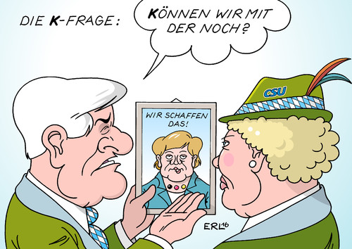 Cartoon: K-Frage (medium) by Erl tagged flüchtlingspolitik,cdu,bundeskanzlerin,merkel,angela,kanzlerkandidatur,frage,erl,karikatur,rechtspopulismus,obergrenze,flüchtlinge,unterstützung,wahlkampf,bundestagswahl,seehofer,horst,bayern,ministerpräsident,csu,kritik,das,schaffen,wir,frage,kanzlerkandidatur,angela,merkel,bundeskanzlerin,cdu,flüchtlingspolitik,wir,schaffen,das,kritik,csu,ministerpräsident,bayern,horst,seehofer,bundestagswahl,wahlkampf,unterstützung,flüchtlinge,obergrenze,rechtspopulismus,karikatur,erl