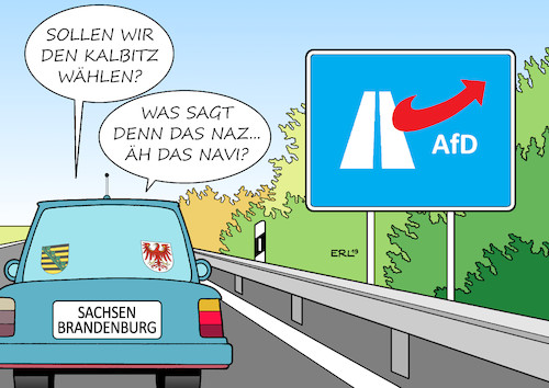 Cartoon: Kalbitz (medium) by Erl tagged politik,landtagswahlen,brandenburg,sachsen,spannung,abschneiden,afd,rechtspopulismus,rechtsextremismus,spitzenkandidat,kalbitz,vergangenheit,kontakt,neonazis,nazi,auto,abbiegen,navi,autobahn,ausfahrt,karikatur,erl,politik,landtagswahlen,brandenburg,sachsen,spannung,abschneiden,afd,rechtspopulismus,rechtsextremismus,spitzenkandidat,kalbitz,vergangenheit,kontakt,neonazis,nazi,auto,abbiegen,navi,autobahn,ausfahrt,karikatur,erl