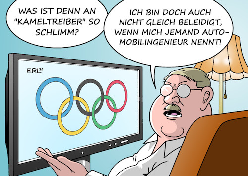 Cartoon: Kameltreiber (medium) by Erl tagged politik,sport,gesellschaft,olympische,sommerspiele,tokio,radrennen,sportfunktionär,patrick,moster,anfeuerung,motivation,bezeichnung,konkurrenten,algerien,eritrea,kameltreiber,rassimus,stereotyp,menschenbild,karikatur,erl,politik,sport,gesellschaft,olympische,sommerspiele,tokio,radrennen,sportfunktionär,patrick,moster,anfeuerung,motivation,bezeichnung,konkurrenten,algerien,eritrea,kameltreiber,rassimus,stereotyp,menschenbild,karikatur,erl