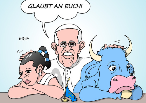 Cartoon: Karlspreis (medium) by Erl tagged karlspreis,aachen,eu,einigung,einheit,europa,stier,preis,preisträger,papst,franziskus,rede,glaube,flüchtlinge,streit,egoismus,nationalismus,rechtspopulismus,karikatur,erl,karlspreis