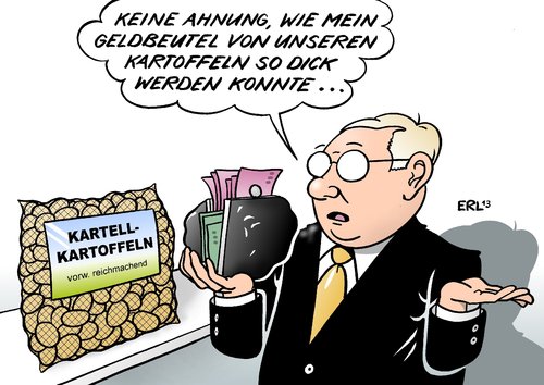 Cartoon: Kartoffelkartell (medium) by Erl tagged kartoffel,lebensmittel,händler,zwischenhändler,kartell,preisabsprache,preis,teuer,geldbeutel,dick,gewinn,betrug,verbraucher,bauern,kartoffel,lebensmittel,händler,zwischenhändler,kartell,preisabsprache,preis,teuer,geldbeutel,dick,gewinn,betrug,verbraucher,bauern