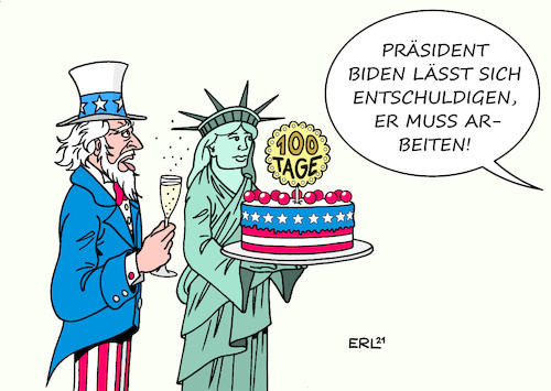 Cartoon: Keine Zeit zum Feiern (medium) by Erl tagged politik,usa,100,tage,präsident,joe,biden,bilanz,arbeit,lösung,probleme,anpacken,kontrast,vorgänger,donald,trump,gratulation,uncle,sam,freiheitsstatue,liberty,sekt,torte,feier,karikatur,erl,politik,usa,100,tage,präsident,joe,biden,bilanz,arbeit,lösung,probleme,anpacken,kontrast,vorgänger,donald,trump,gratulation,uncle,sam,freiheitsstatue,liberty,sekt,torte,feier,karikatur,erl