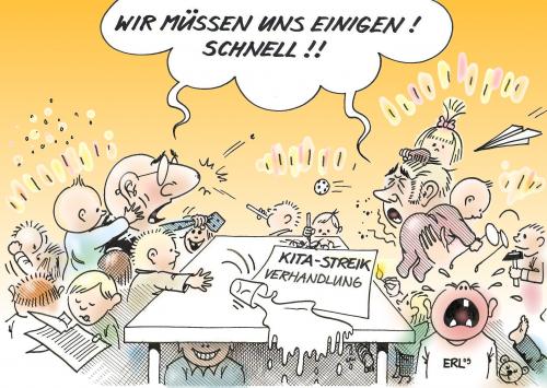 Cartoon: Kita-Streik (medium) by Erl tagged kindertagesstätte,kita,streik,arbeitsbedingungen,verhandlung,betreuung,kinder,kindertagesstätte,kindergarten,kita,kinder,nachwuchs,familie,streik,geld,gehalt,arbeitsbedingungen,arbeit,job,beruf,betreuung,verhandlung