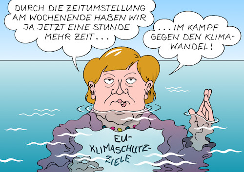 Cartoon: Klimakanzlerin (medium) by Erl tagged klimawandel,erderwärmung,co2,emissionen,ausstoß,steigerung,senkung,klimaschutz,ziele,deutschland,eu,bundeskanzlerin,angela,merkel,klimakanzlerin,hochwasser,überflutung,sommerzeit,winterzeit,zeitumstellung,stunde,zeit,karikatur,erl,klimawandel,erderwärmung,co2,emissionen,ausstoß,steigerung,senkung,klimaschutz,ziele,deutschland,eu,bundeskanzlerin,angela,merkel,klimakanzlerin,hochwasser,überflutung,sommerzeit,winterzeit,zeitumstellung,stunde,zeit,karikatur,erl