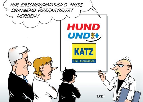 Cartoon: Koalition (medium) by Erl tagged regierung,schwarz,gelb,cdu,csu,fdp,streit,gegensätze,misstrauen,politik,erscheinungsbild,miserabel,überarbeitung,partei,logo,merkel,seehofer,rösler,regierung,schwarz,gelb,cdu,csu,fdp,streit,gegensätze,misstrauen,politik,erscheinungsbild,miserabel,überarbeitung,partei,logo,merkel,seehofer,rösler