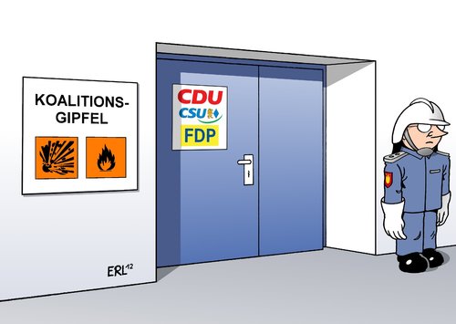 Cartoon: Koalitionsgipfel (medium) by Erl tagged regierung,koalition,schwarz,gelb,cdu,csu,fdp,streit,uneinigkeit,gipfel,explosiv,feuer,gefahr,brand,brennen,feuerwehr,feuerwehrmann,partei,regierung,koalition,schwarz,gelb,csu,cdu,fdp,streit,explosiv,gefahr,feuerwehr,feuerwehrmann