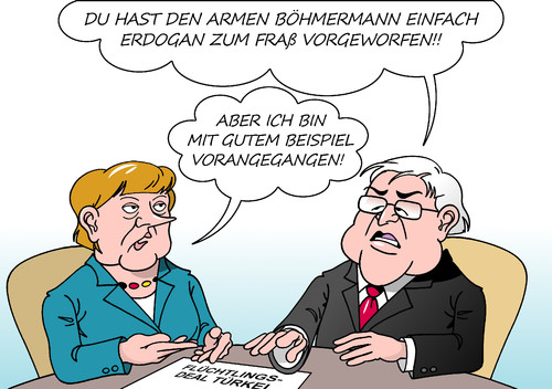 Cartoon: Koalitionskrach (medium) by Erl tagged jan,böhmermann,satire,gedicht,erdogan,präsident,türkei,strafantrag,majestätsbeleidigung,paragraf,veraltet,gericht,merkel,cdu,kritik,krach,koalition,koalitionspartner,spd,steinmeier,messer,geliefert,deal,flüchtlinge,karikatur,erl,jan,böhmermann,satire,gedicht,erdogan,präsident,türkei,strafantrag,majestätsbeleidigung,paragraf,veraltet,gericht,merkel,cdu,kritik,krach,koalition,koalitionspartner,spd,steinmeier,messer,geliefert,deal,flüchtlinge,karikatur,erl