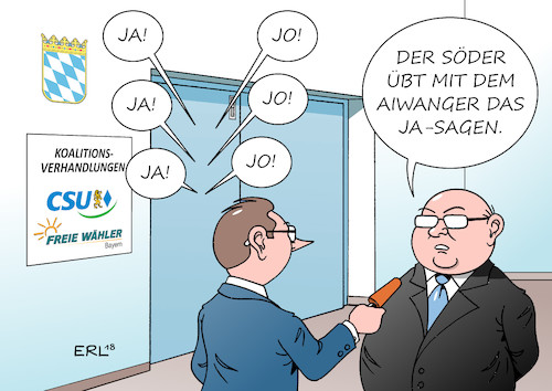 Cartoon: Koalitionsverhandlungen Bayern (medium) by Erl tagged politik,bayern,landtagswahl,regierung,regierungsbildung,sondierungen,koalitionsverhandlungen,csu,freie,wähler,bürgerlich,schnittmenge,groß,ministerpräsident,markus,söder,vorsitzender,hubert,aiwanger,sprache,dialekt,bayrisch,ja,jo,karikatur,erl,politik,bayern,landtagswahl,regierung,regierungsbildung,sondierungen,koalitionsverhandlungen,csu,freie,wähler,bürgerlich,schnittmenge,groß,ministerpräsident,markus,söder,vorsitzender,hubert,aiwanger,sprache,dialekt,bayrisch,ja,jo,karikatur,erl