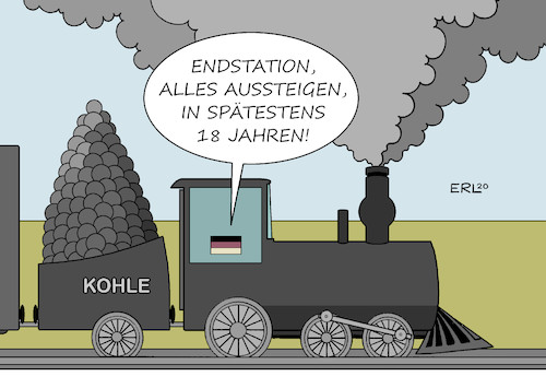 Cartoon: Kohleausstieg (medium) by Erl tagged politik,klima,klimaerwärmung,klimawandel,erderwärmung,klimaschutz,co2,verbrennung,kohle,deutschland,ausstieg,2038,dampflok,endstation,karikatur,erl,politik,klima,klimaerwärmung,klimawandel,erderwärmung,klimaschutz,co2,verbrennung,kohle,deutschland,ausstieg,2038,dampflok,endstation,karikatur,erl