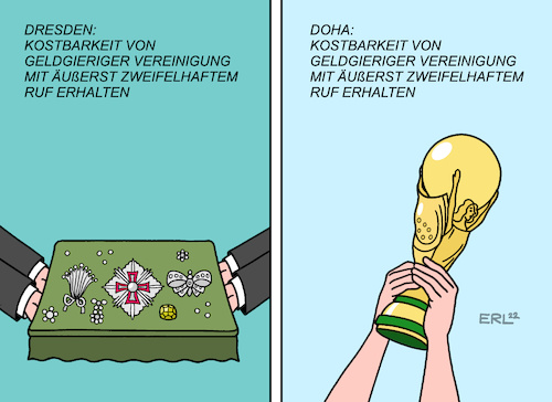 Cartoon: Kostbarkeiten (medium) by Erl tagged politik,dresden,raub,schatz,grünes,gewölbe,rückgabe,remo,remmo,clan,kriminalität,geldgier,sport,fifa,fußball,wm,2022,katar,doha,endspiel,weltmeister,frankreich,argentinien,pokal,karikatur,erl,politik,dresden,raub,schatz,grünes,gewölbe,rückgabe,remo,remmo,clan,kriminalität,geldgier,sport,fifa,fußball,wm,2022,katar,doha,endspiel,weltmeister,frankreich,argentinien,pokal,karikatur,erl