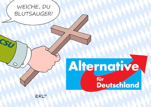 Cartoon: Kreuz Bayern (medium) by Erl tagged politik,bayern,ministerpräsident,markus,söder,csu,landtagswahl,wahlkampf,angst,wähler,afd,rechtspopulismus,nationalismus,islamfeindlichkeit,islamophobie,stärkung,heimat,identitaet,christlich,abendländisch,christentum,kreuz,partei,absolute,mehrheit,konservativ,patriotismus,vampir,blutsauger,exorzismus,karikatur,erl,politik,bayern,ministerpräsident,markus,söder,csu,landtagswahl,wahlkampf,angst,wähler,afd,rechtspopulismus,nationalismus,islamfeindlichkeit,islamophobie,stärkung,heimat,identitaet,christlich,abendländisch,christentum,kreuz,partei,absolute,mehrheit,konservativ,patriotismus,vampir,blutsauger,exorzismus,karikatur,erl