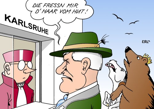 Cartoon: Länderfinanzausgleich (medium) by Erl tagged länderfinanzausgleich,bayern,klage,karlsruhe,geberländer,nehmerländer,lebensverhältnisse,haushalt,arm,reich,sparen,solidarität,landtagswahl,ministerpräsident,seehofer,bär,pferd,berlin,niedersachsen,hut,gamsbart,haare