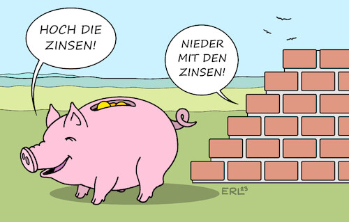 Cartoon: Leitzinserhöhung (medium) by Erl tagged politik,finanzen,ezb,europäische,zentralbank,erhöhung,leitzins,zinsen,bekämpfung,inflation,sparer,sparerinnen,jubel,jammer,hausbau,wohnungsbau,kredit,hausfinanzierung,teuer,baubranche,bau,rohbau,sparschwein,karikatur,erl,politik,finanzen,ezb,europäische,zentralbank,erhöhung,leitzins,zinsen,bekämpfung,inflation,sparer,sparerinnen,jubel,jammer,hausbau,wohnungsbau,kredit,hausfinanzierung,teuer,baubranche,bau,rohbau,sparschwein,karikatur,erl