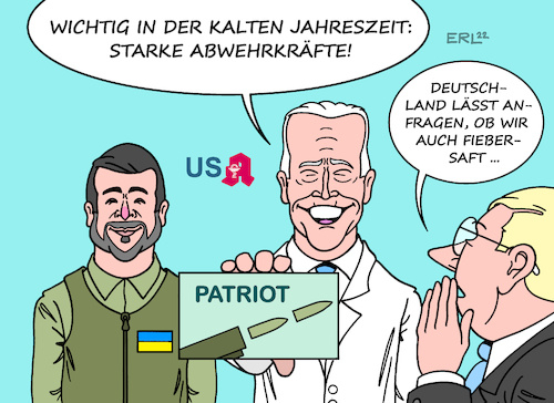 Cartoon: Lieferungen (medium) by Erl tagged politik,krieg,angriff,ueberfall,russland,ukraine,präsident,wolodymyr,selenskyj,besuch,washington,joe,biden,patriot,abwehrsystem,luftangriffe,abwehr,immunsysten,erkältung,grippe,corona,fieber,deutschland,lieferengpässe,mangel,fiebersaft,kinder,karikatur,erl,politik,krieg,angriff,ueberfall,russland,ukraine,präsident,wolodymyr,selenskyj,besuch,washington,joe,biden,patriot,abwehrsystem,luftangriffe,abwehr,immunsysten,erkältung,grippe,corona,fieber,deutschland,lieferengpässe,mangel,fiebersaft,kinder,karikatur,erl