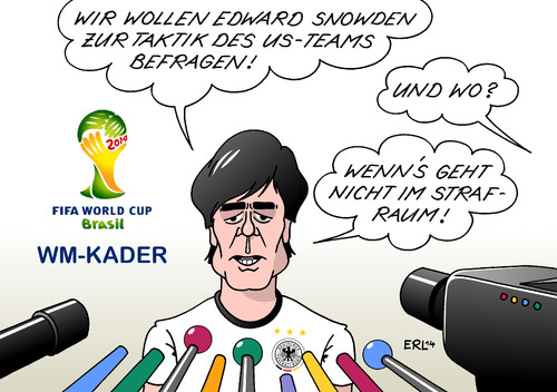 Cartoon: Löw Snowden (medium) by Erl tagged wm,fußball,weltmeisterschaft,brasilien,2014,deutschland,nationalmannschaft,kader,bekanntgabe,bundestrainer,joachim,löw,nsa,untersuchungsausschuss,abhöraffäre,befragung,zeuge,edward,snowden,usa,bestrafung,strafraum,fußball,wm,weltmeisterschaft,brasilien,2014,deutschland,nationalmannschaft,kader,bekanntgabe,bundestrainer,joachim,löw,nsa,untersuchungsausschuss,abhöraffäre,befragung,zeuge,edward,snowden,usa,bestrafung,strafraum