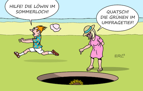 Cartoon: Löwin im Sommerloch (medium) by Erl tagged politik,partei,bündnis90,die,grünen,umfragetief,heizungsgesetz,klimaschutz,sommerloch,berlin,löwin,suche,karikatur,erl,politik,partei,bündnis90,die,grünen,umfragetief,heizungsgesetz,klimaschutz,sommerloch,berlin,löwin,suche,karikatur,erl