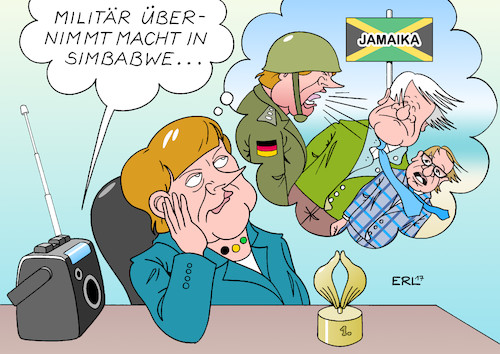 Cartoon: Machtübernahme (medium) by Erl tagged simbabwe,diktator,robert,mugabe,hausarrest,machtübernahme,militär,bundeskanzlerin,angela,merkel,anregung,idee,jamaika,sondierung,regierungsbildung,koalition,schwarz,gelb,grün,cdu,csu,die,grünen,querschläger,dobrindt,seehofer,karikatur,erl,simbabwe,diktator,robert,mugabe,hausarrest,machtübernahme,militär,bundeskanzlerin,angela,merkel,anregung,idee,jamaika,sondierung,regierungsbildung,koalition,schwarz,gelb,grün,cdu,csu,die,grünen,querschläger,dobrindt,seehofer,karikatur,erl