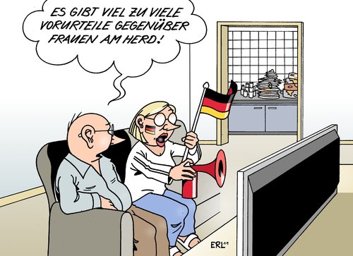 Cartoon: Männer Fußball Frauen (medium) by Erl tagged klischee,vorurteil,rolle,fußball,frau,mann,2011,deutschland,weltmeisterschaft,wm,frauenfußball,herd,küche,fußball,frauenfußball,weltmeisterschaft,nationalmannschaft,abspiel,pille,pass,sport,frauen,frauenwm,fifa,frauenfussball,klischee,vorurteil