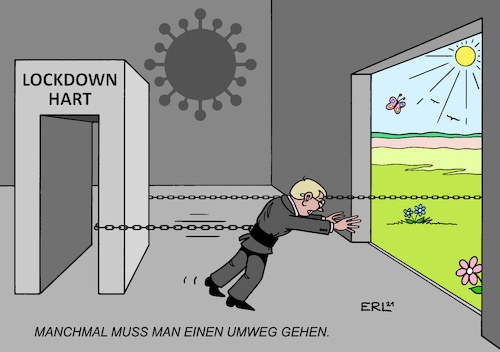 Cartoon: Manchmal muss man einen Umweg... (medium) by Erl tagged politik,corona,virus,pandemie,covid19,lockdown,fallzahlen,rückgang,diskussion,lockerungen,öffnung,rückfall,rückschlag,endlosschleife,inzidenzwert,zero,no,covid,strategie,umweg,scheinbar,karikatur,erl,politik,corona,virus,pandemie,covid19,lockdown,fallzahlen,rückgang,diskussion,lockerungen,öffnung,rückfall,rückschlag,endlosschleife,inzidenzwert,zero,no,covid,strategie,umweg,scheinbar,karikatur,erl