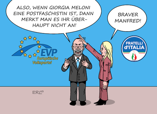 Cartoon: Manfred Weber und Giorgia Meloni (medium) by Erl tagged politik,italien,regierungschefin,giorgia,meloni,fratelli,italia,postfaschisten,rechtsextremismus,verharmlosung,lob,manfred,weber,evp,eu,europa,karikatur,erl,politik,italien,regierungschefin,giorgia,meloni,fratelli,italia,postfaschisten,rechtsextremismus,verharmlosung,lob,manfred,weber,evp,eu,europa,karikatur,erl