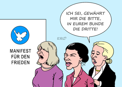 Cartoon: Manifest für den Frieden (medium) by Erl tagged politik,manifest,für,den,frieden,schwarzer,wagenknecht,weidel,afd,karikatur,erl,politik,manifest,für,den,frieden,schwarzer,wagenknecht,weidel,afd,karikatur,erl